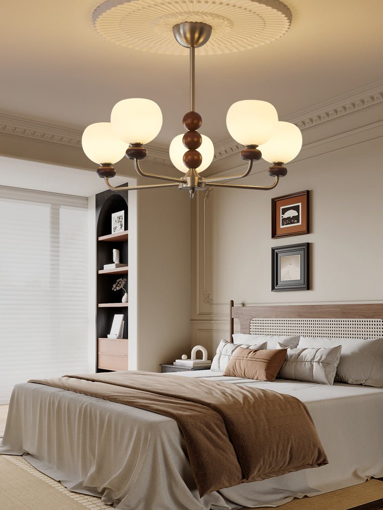 Orb Walnut Chandelier – Modern 8-Light Wood & Glass Pendant for Dining Room