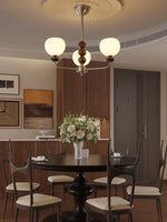 Orb Walnut Chandelier – Modern 8-Light Wood & Glass Pendant for Dining Room