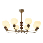 Orb Walnut Chandelier – Modern 8-Light Wood & Glass Pendant for Dining Room
