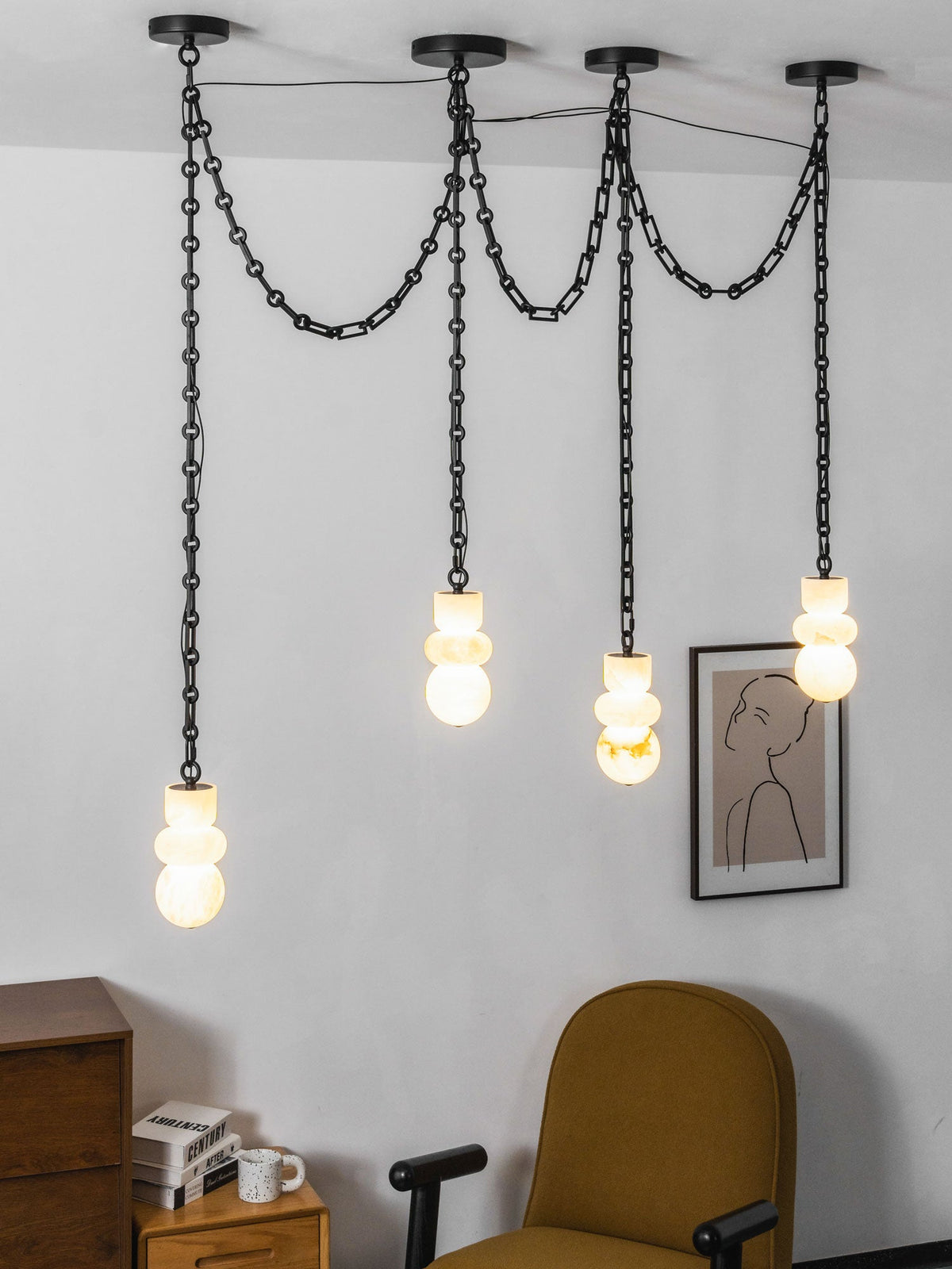 Orba Chain Chandelier with Alabaster Orbs – Modern Cascading Pendant Light