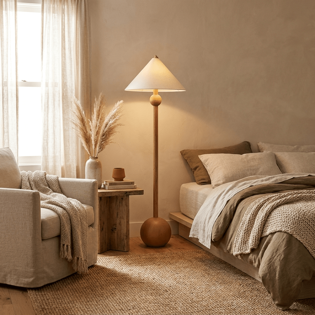 Orbelle Balance Floor Lamp in Walnut Wood and Beige Fabric