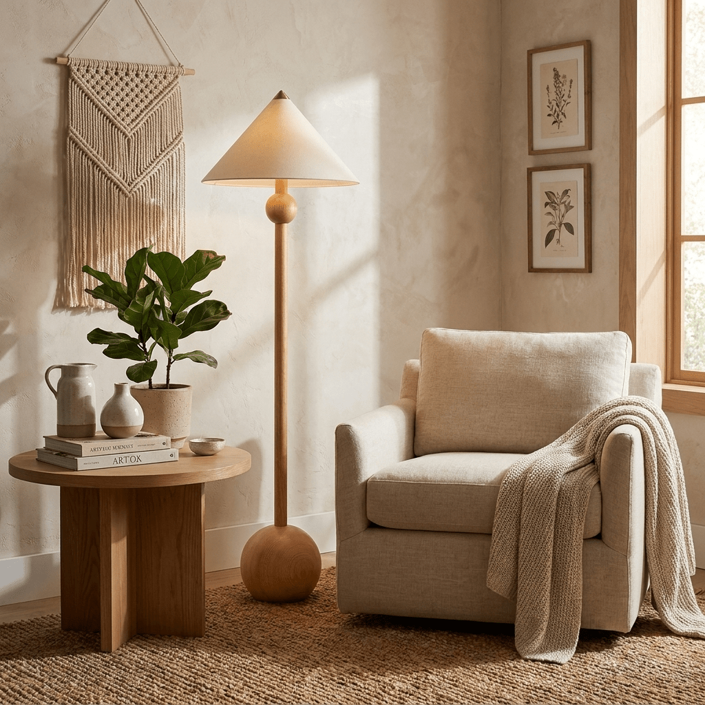 Orbelle Balance Floor Lamp in Walnut Wood and Beige Fabric