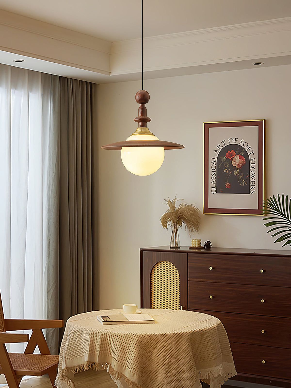 Orben Globe Pendant Light in Gold and Walnut with Opal Glass Shade