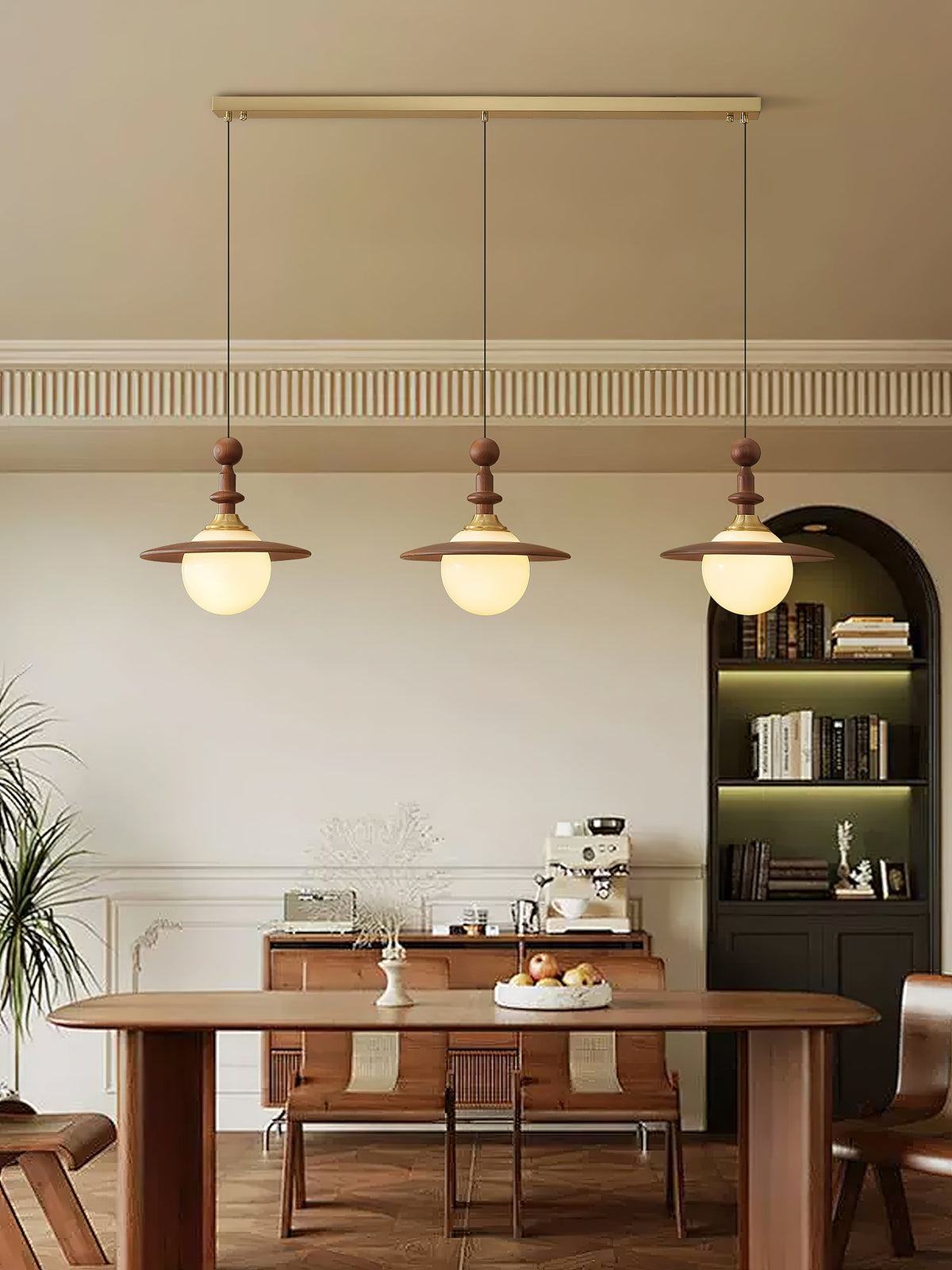 Orben Globe Pendant Light in Gold and Walnut with Opal Glass Shade