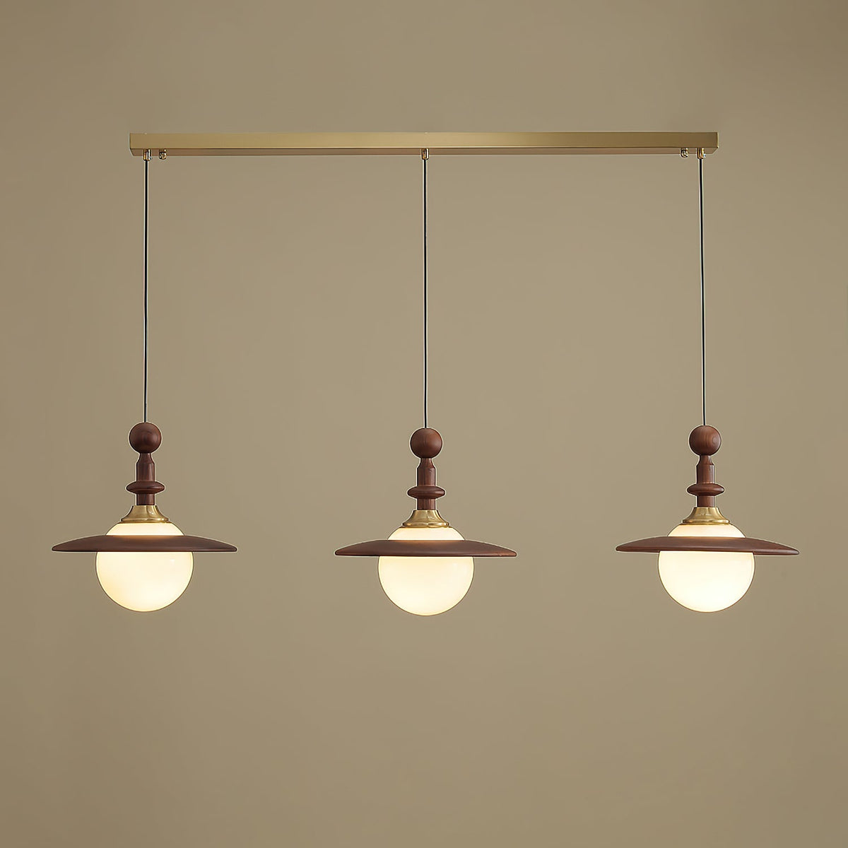 Orben Globe Pendant Light in Gold and Walnut with Opal Glass Shade