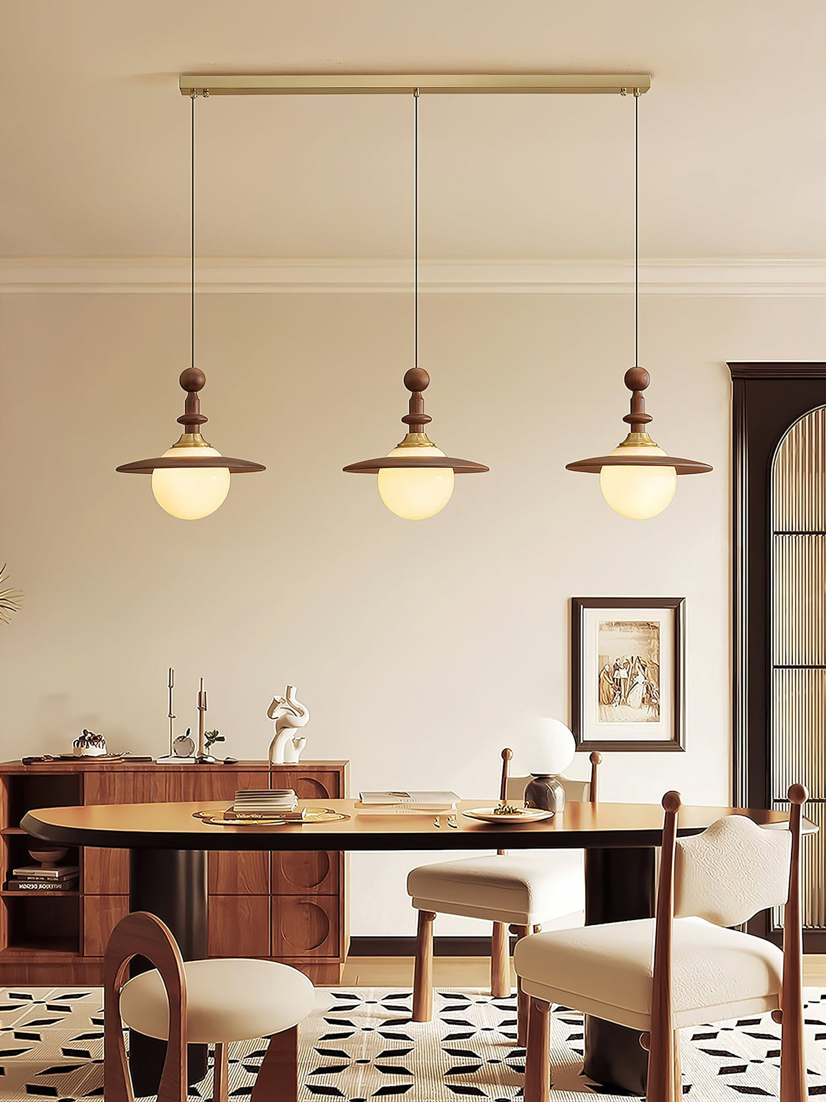 Orben Globe Pendant Light in Gold and Walnut with Opal Glass Shade
