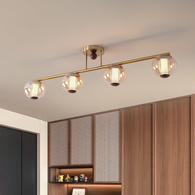 Orbis Quartet Linear Semi-Flush Ceiling Light in Brass and Walnut