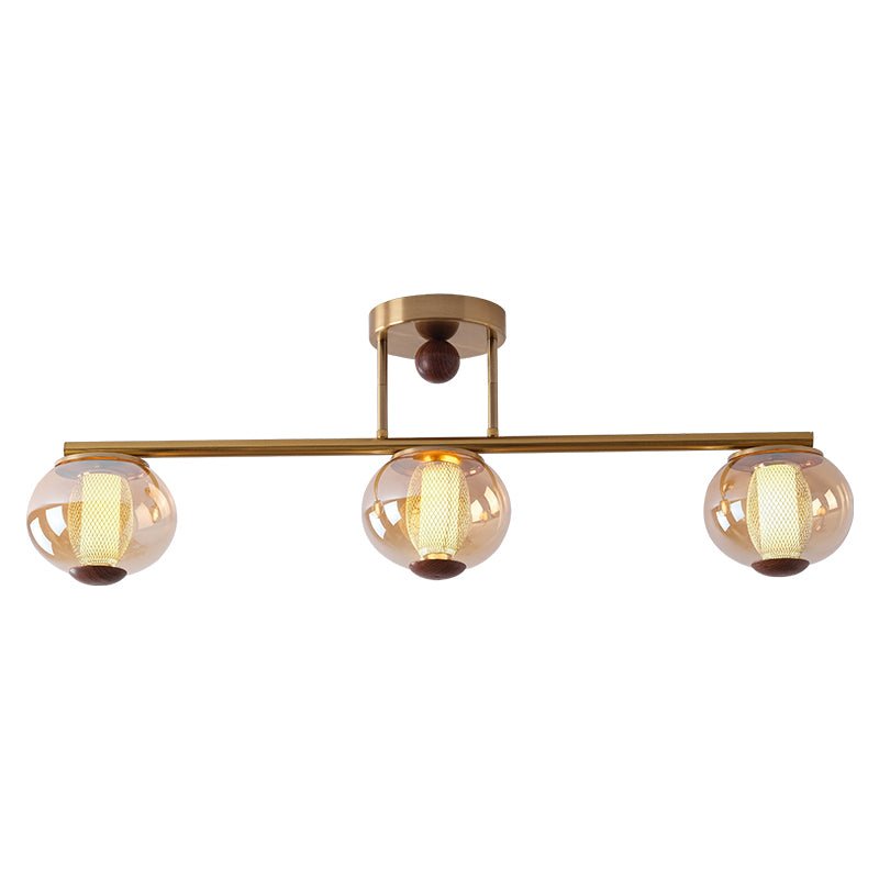 Orbis Quartet Linear Semi-Flush Ceiling Light in Brass and Walnut