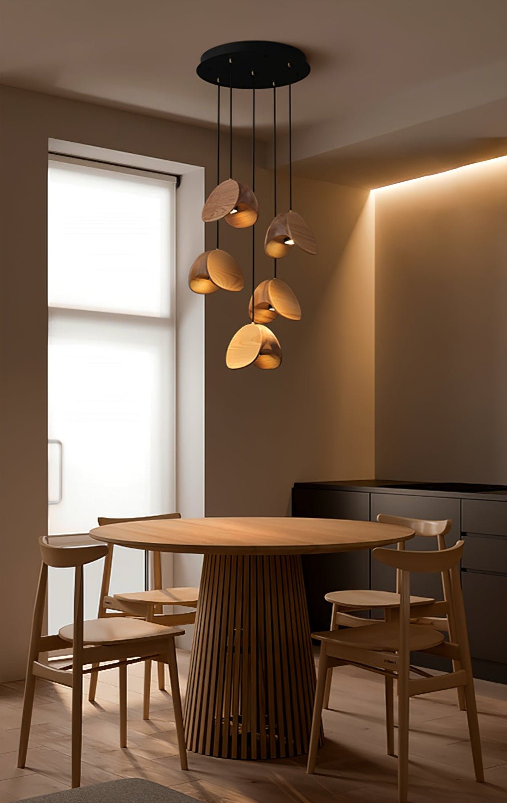 Orbit Fold Wood Pendant Light – Modern Nordic LED Hanging Lamp for Dining and Kitchen