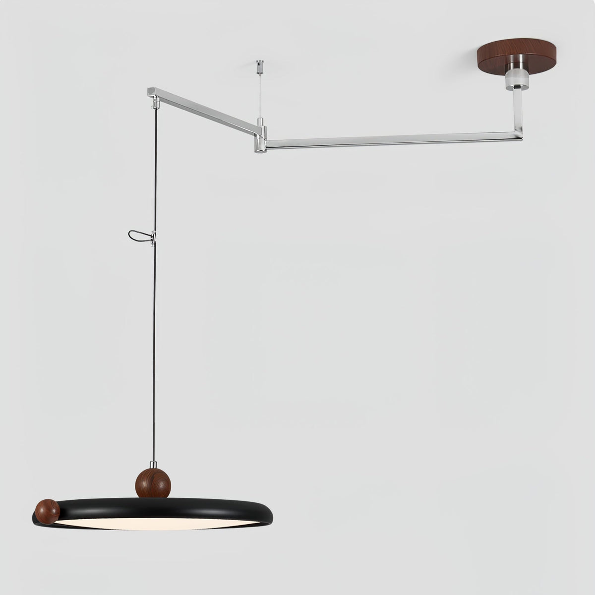 Orbit Line Swing Arm Pendant Light – Modern LED Ceiling Lamp with Wood Accents