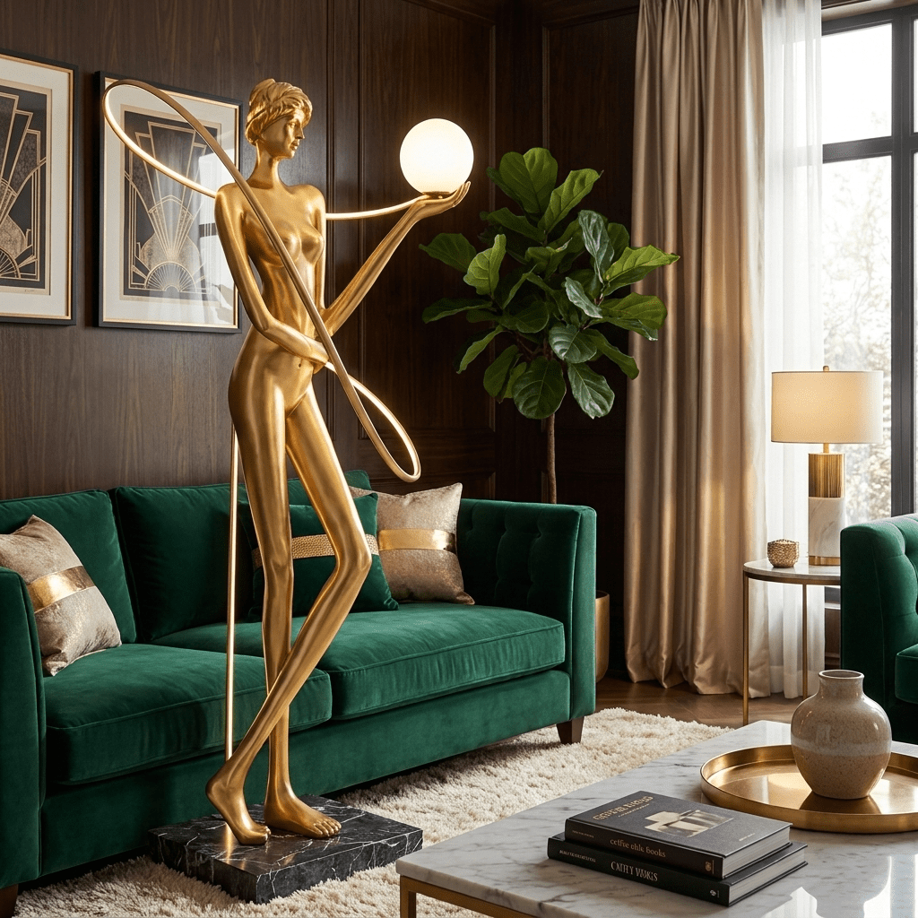 Orbit Muse Sculpture Floor Lamp with Marble Base and Gold Accent