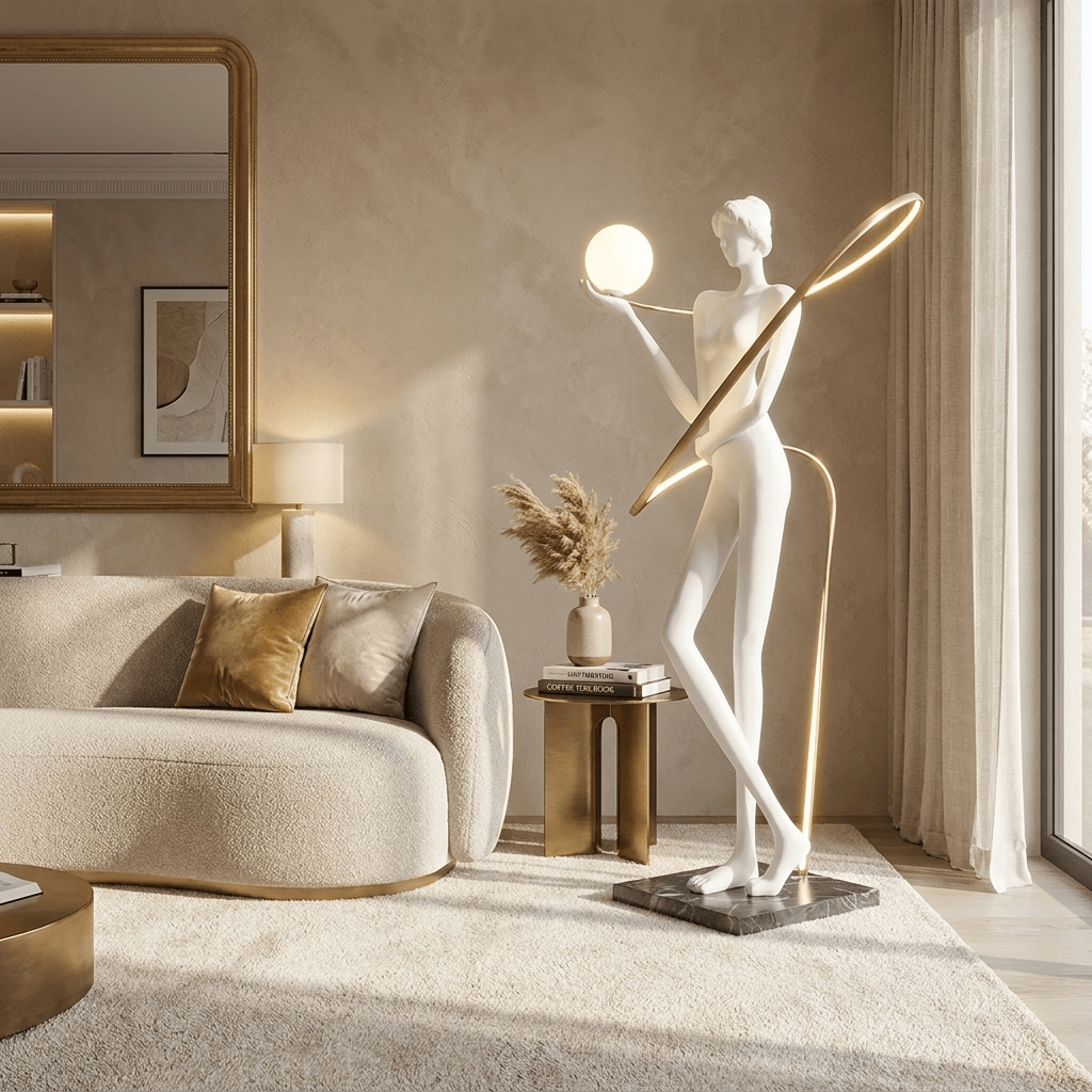 Orbit Muse Sculpture Floor Lamp with Marble Base and Gold Accent