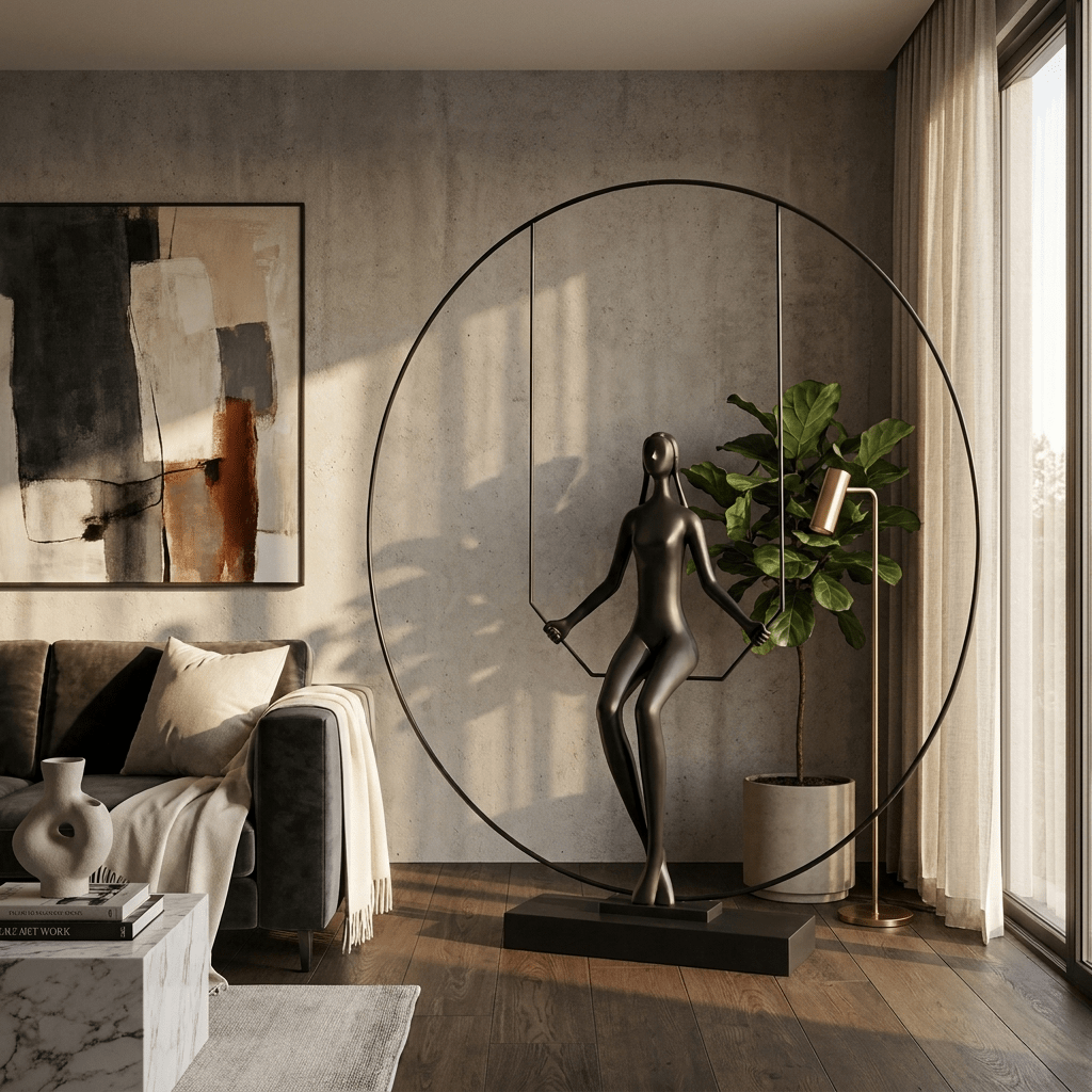 Orbit Swing Sculpture – Matte Black Figurative Art Piece for Modern Interiors