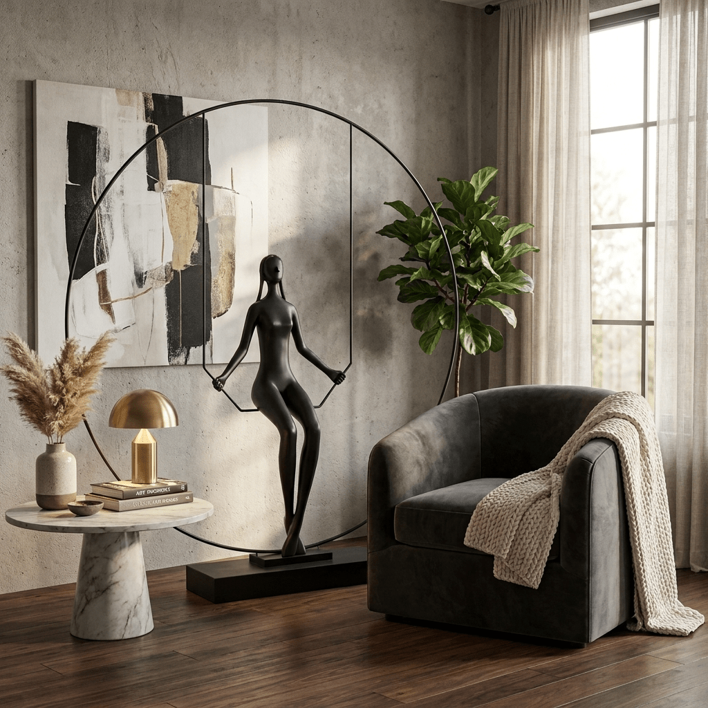 Orbit Swing Sculpture – Matte Black Figurative Art Piece for Modern Interiors