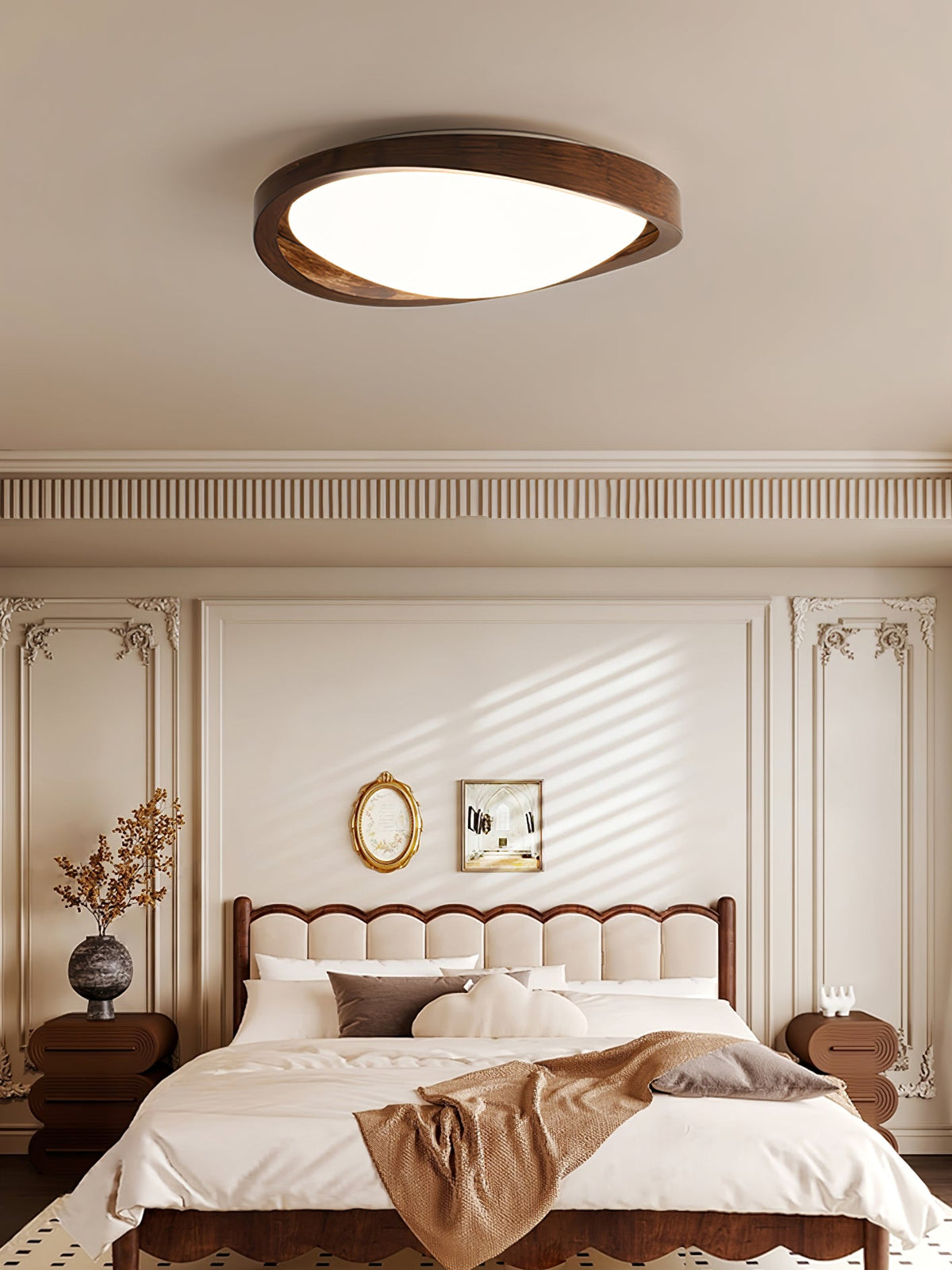 Walnut Curved Edge Ceiling Light – Modern Flush Mount LED Fixture