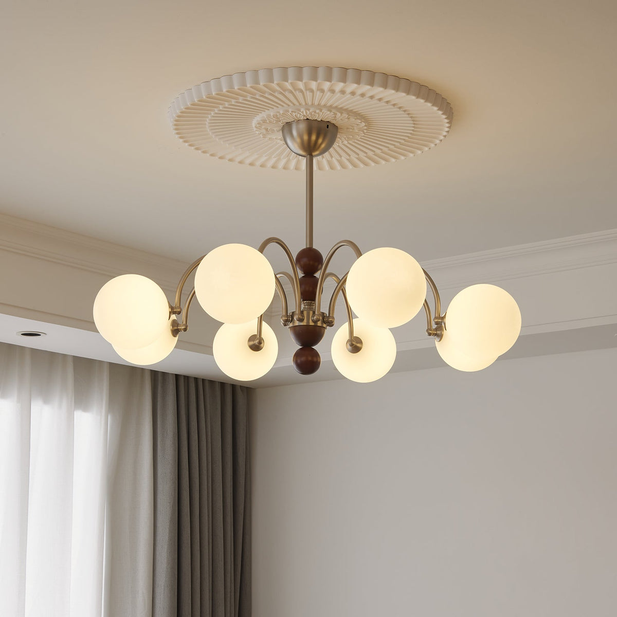 Orbital Curve Chandelier – Modern Walnut & Glass Pendant Light for Dining Room