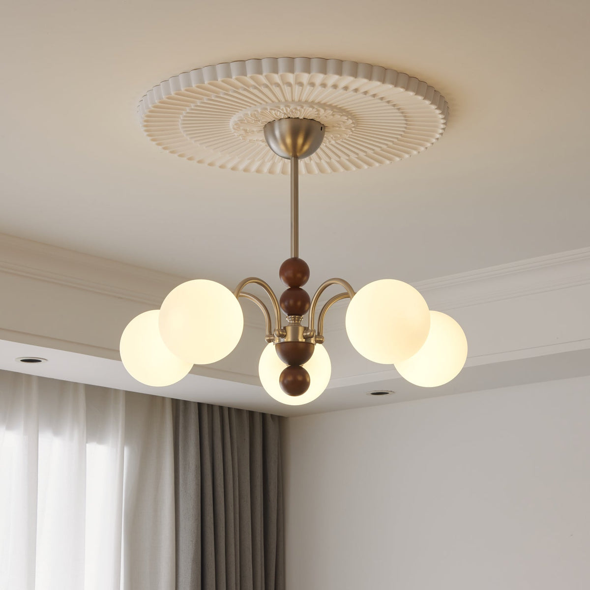 Orbital Curve Chandelier – Modern Walnut & Glass Pendant Light for Dining Room