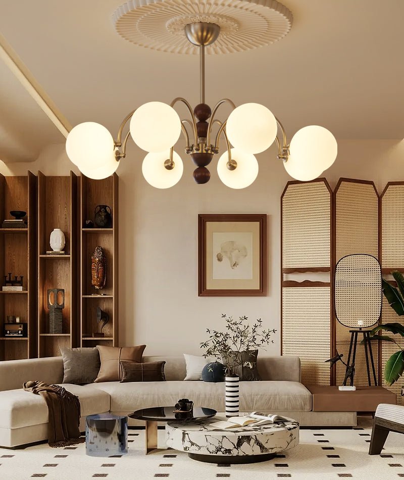 Orbital Curve Chandelier – Modern Walnut & Glass Pendant Light for Dining Room