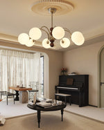 Orbital Curve Chandelier – Modern Walnut & Glass Pendant Light for Dining Room