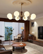 Orbital Curve Chandelier – Modern Walnut & Glass Pendant Light for Dining Room