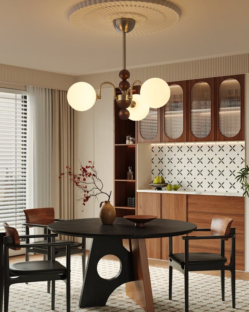 Orbital Curve Chandelier – Modern Walnut & Glass Pendant Light for Dining Room