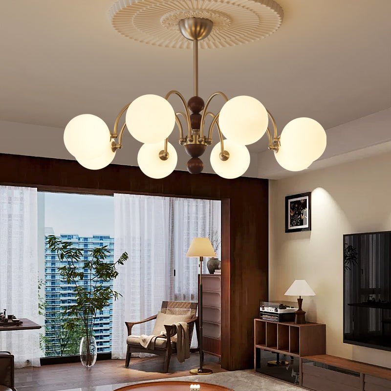 Orbital Curve Chandelier – Modern Walnut & Glass Pendant Light for Dining Room