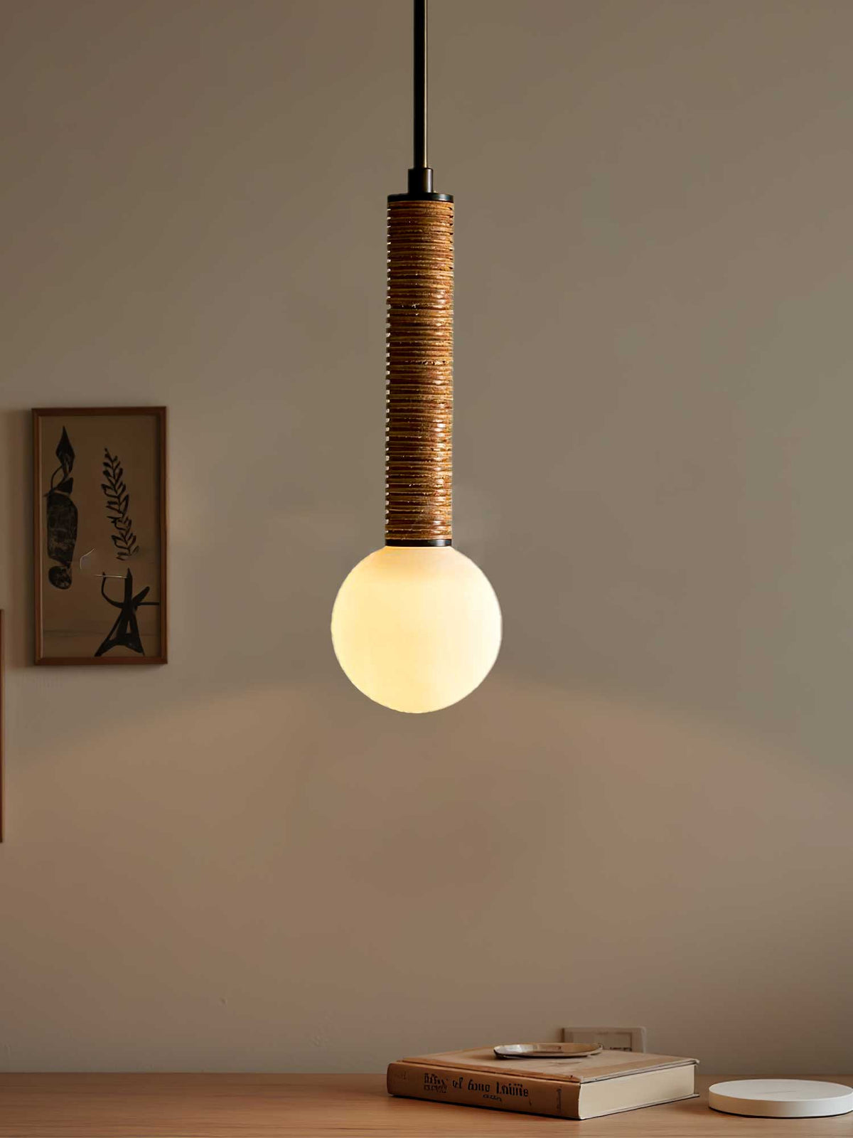 Lestro Designer Pendant Light with Leather Stem and Opal Glass Shade
