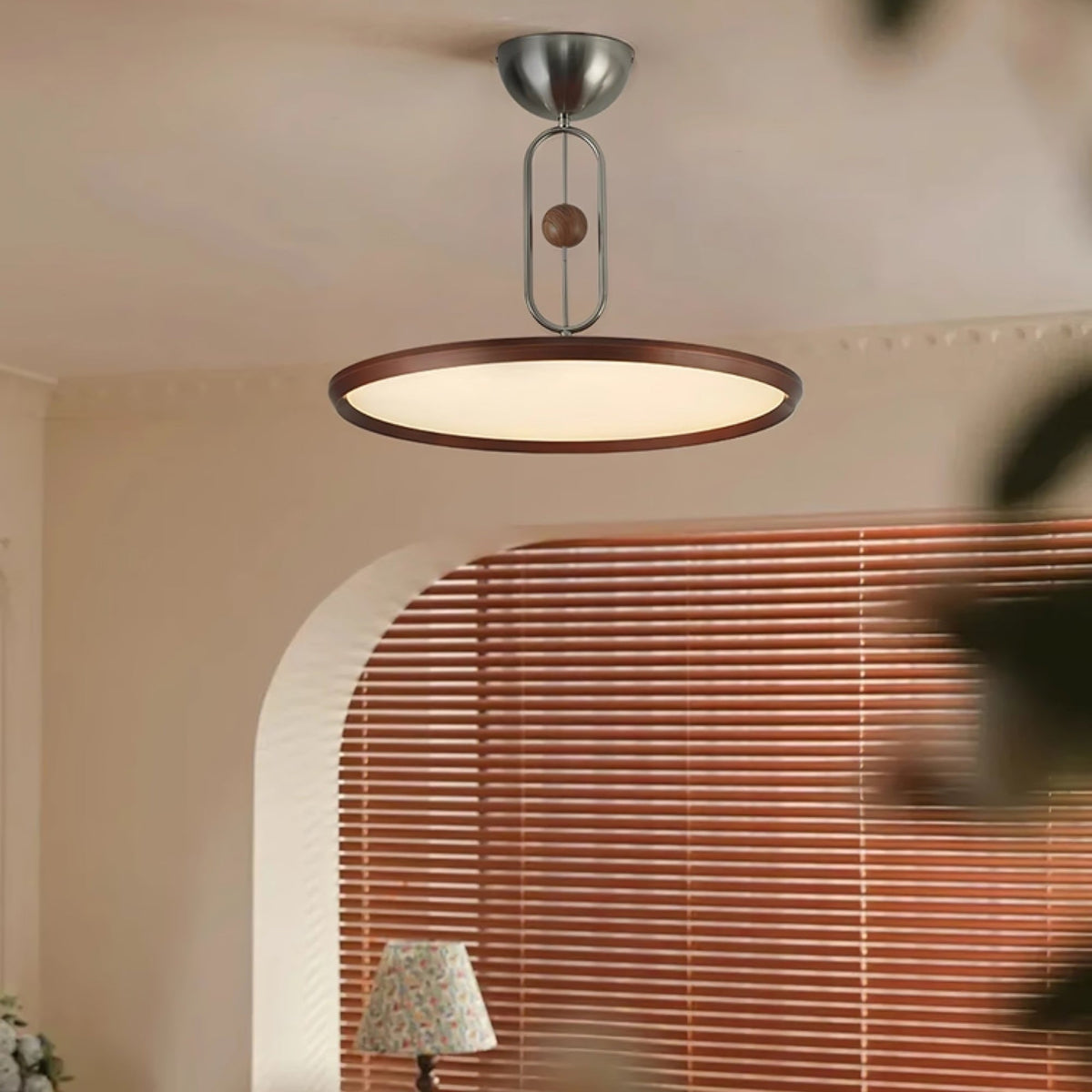 Orbito Semi Flush Ceiling Light in Walnut Wood Grain and Nickel