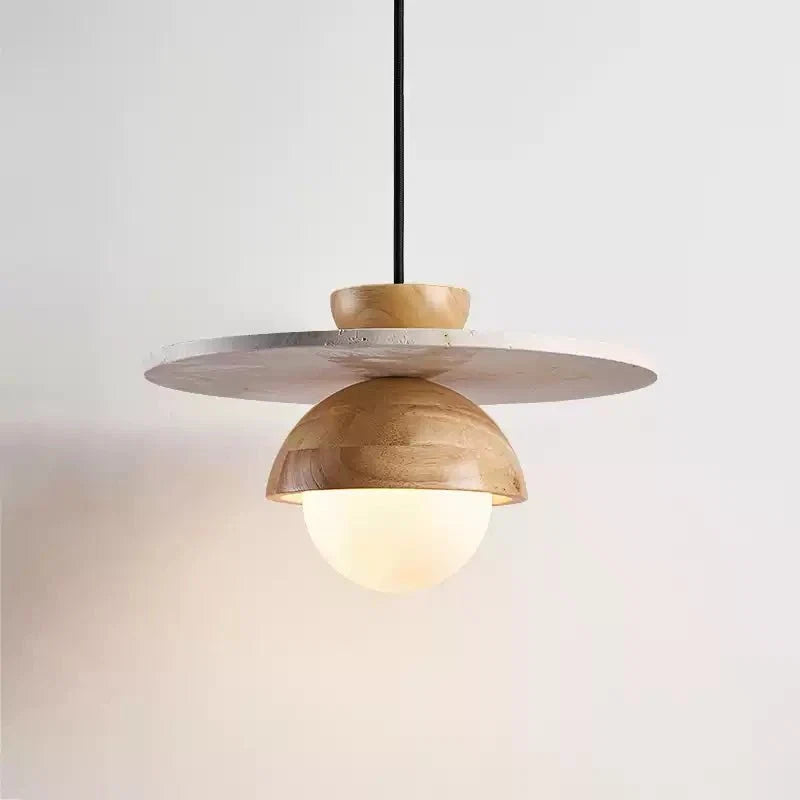 Orbitwood Pendant Light – Travertine & Wood Modern Hanging Lamp