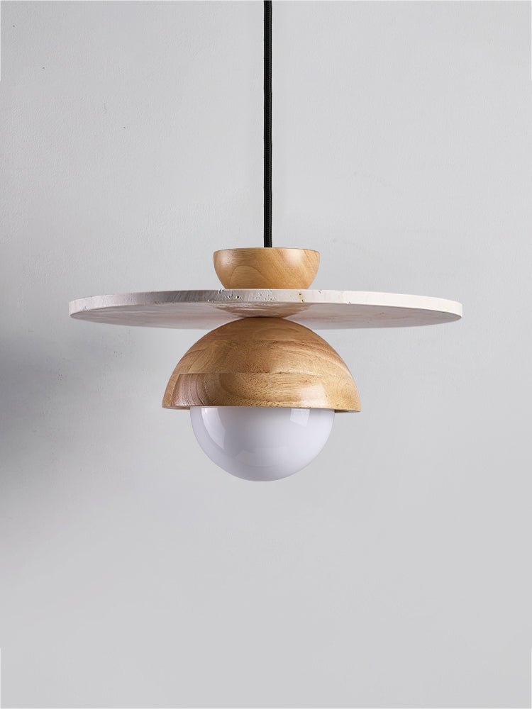 Orbitwood Pendant Light – Travertine & Wood Modern Hanging Lamp