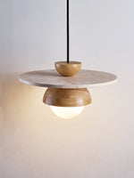 Orbitwood Pendant Light – Travertine & Wood Modern Hanging Lamp