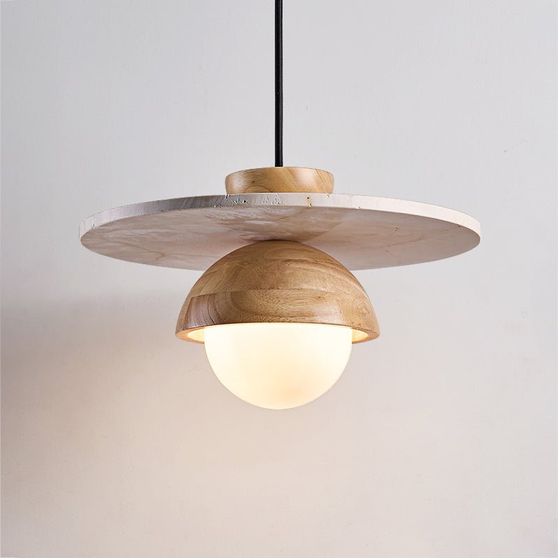 Orbitwood Pendant Light – Travertine & Wood Modern Hanging Lamp