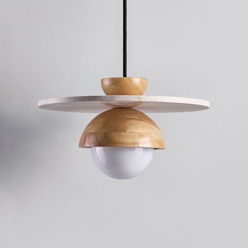 Orbitwood Pendant Light – Travertine & Wood Modern Hanging Lamp