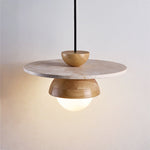 Orbitwood Pendant Light – Travertine & Wood Modern Hanging Lamp
