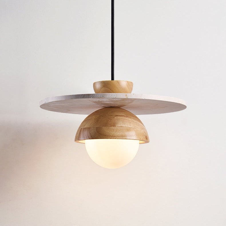 Orbitwood Pendant Light – Travertine & Wood Modern Hanging Lamp