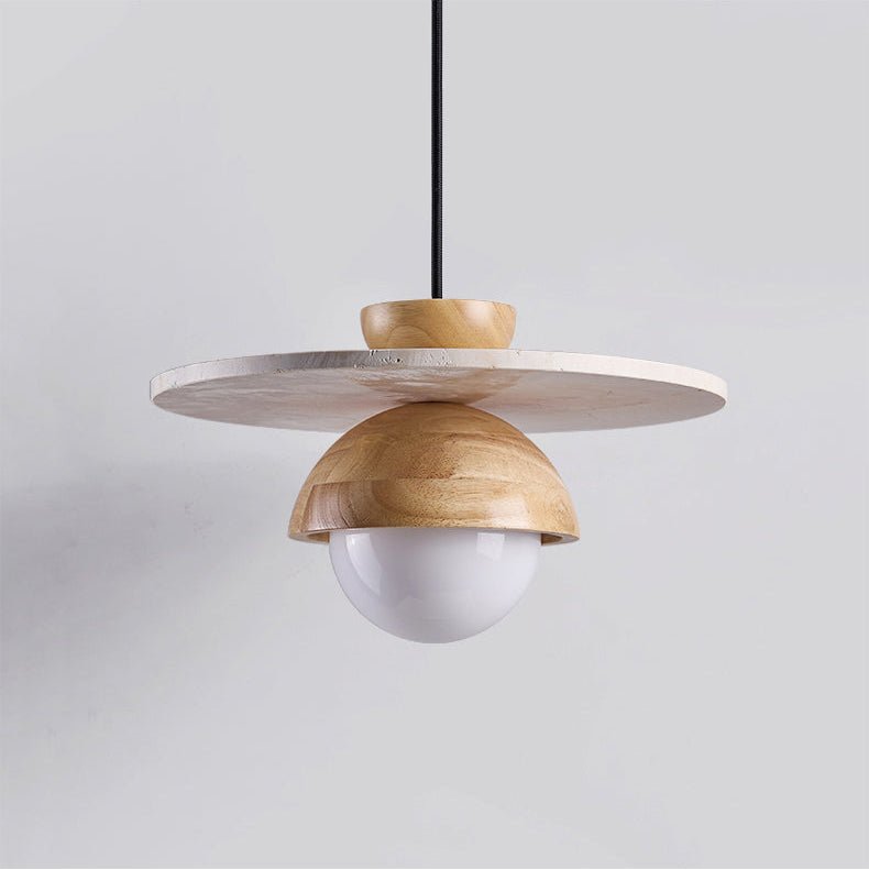 Orbitwood Pendant Light – Travertine & Wood Modern Hanging Lamp