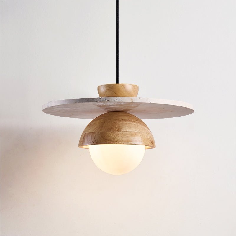 Orbitwood Pendant Light – Travertine & Wood Modern Hanging Lamp