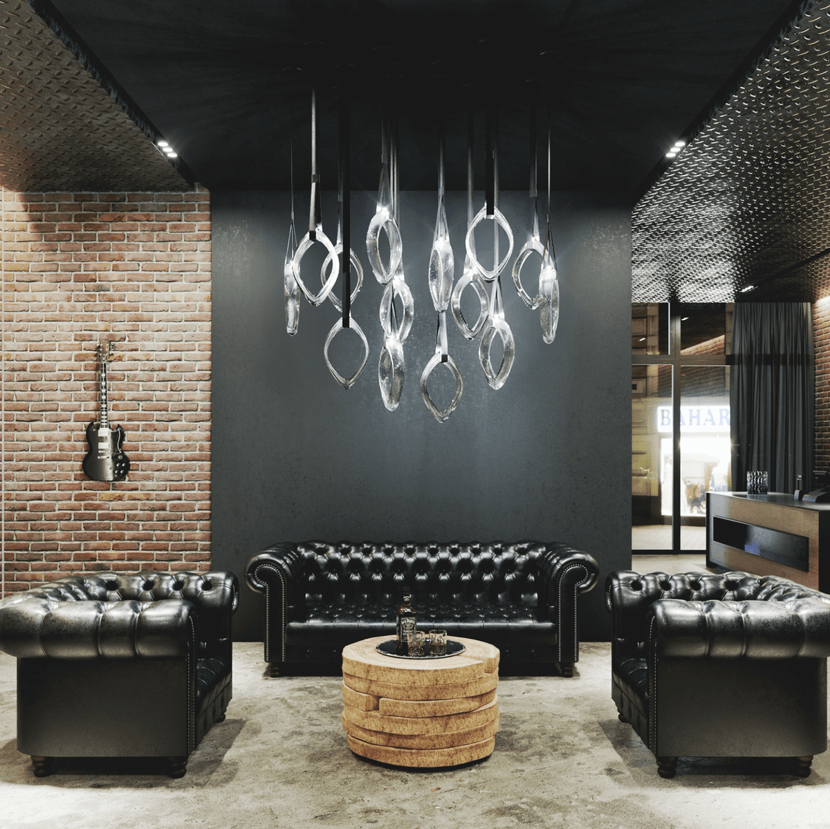Origin Designer Chandelier in Black Metal and Glass