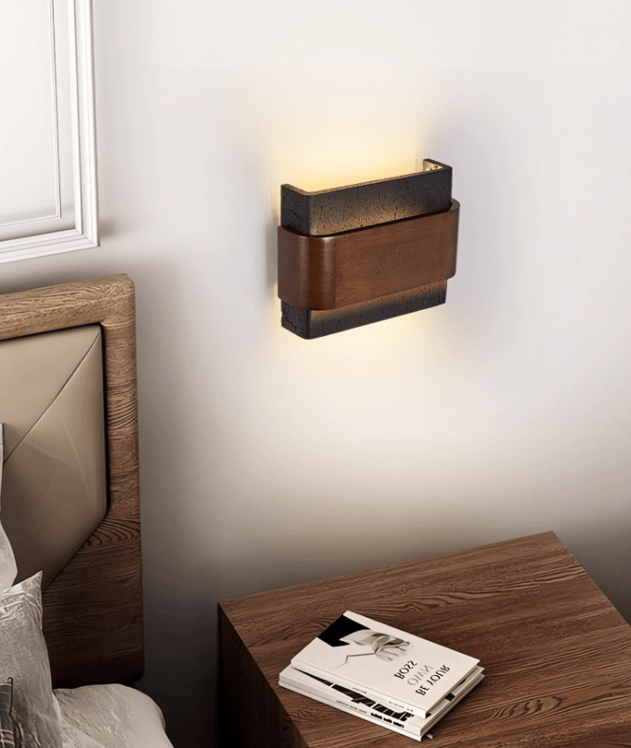 Orin Black Travertine Wall Sconce with Walnut Accent – Modern LED Wall Light