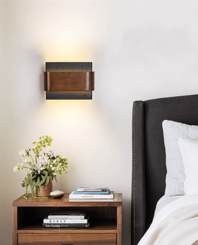 Orin Black Travertine Wall Sconce with Walnut Accent – Modern LED Wall Light