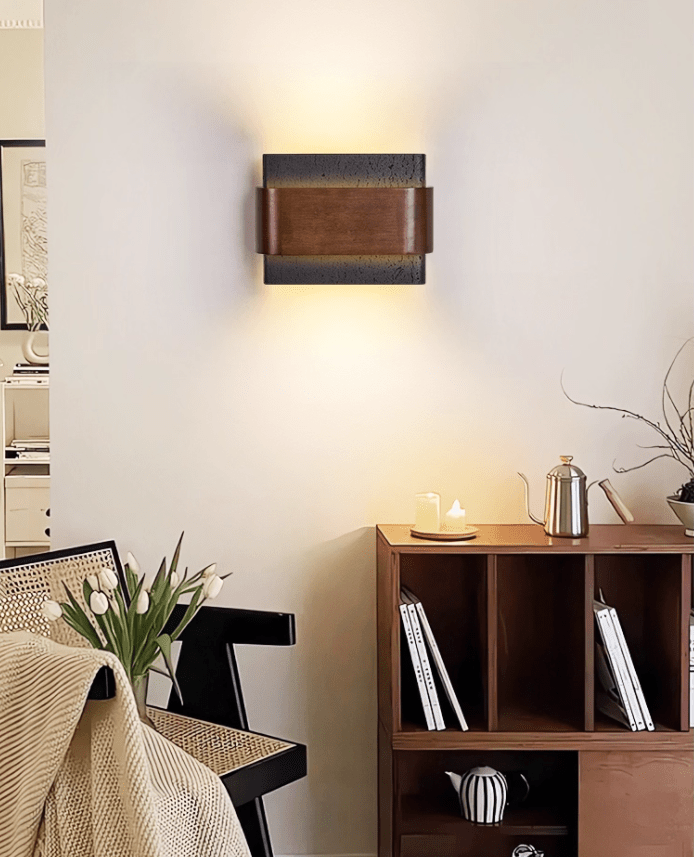 Orin Black Travertine Wall Sconce with Walnut Accent – Modern LED Wall Light