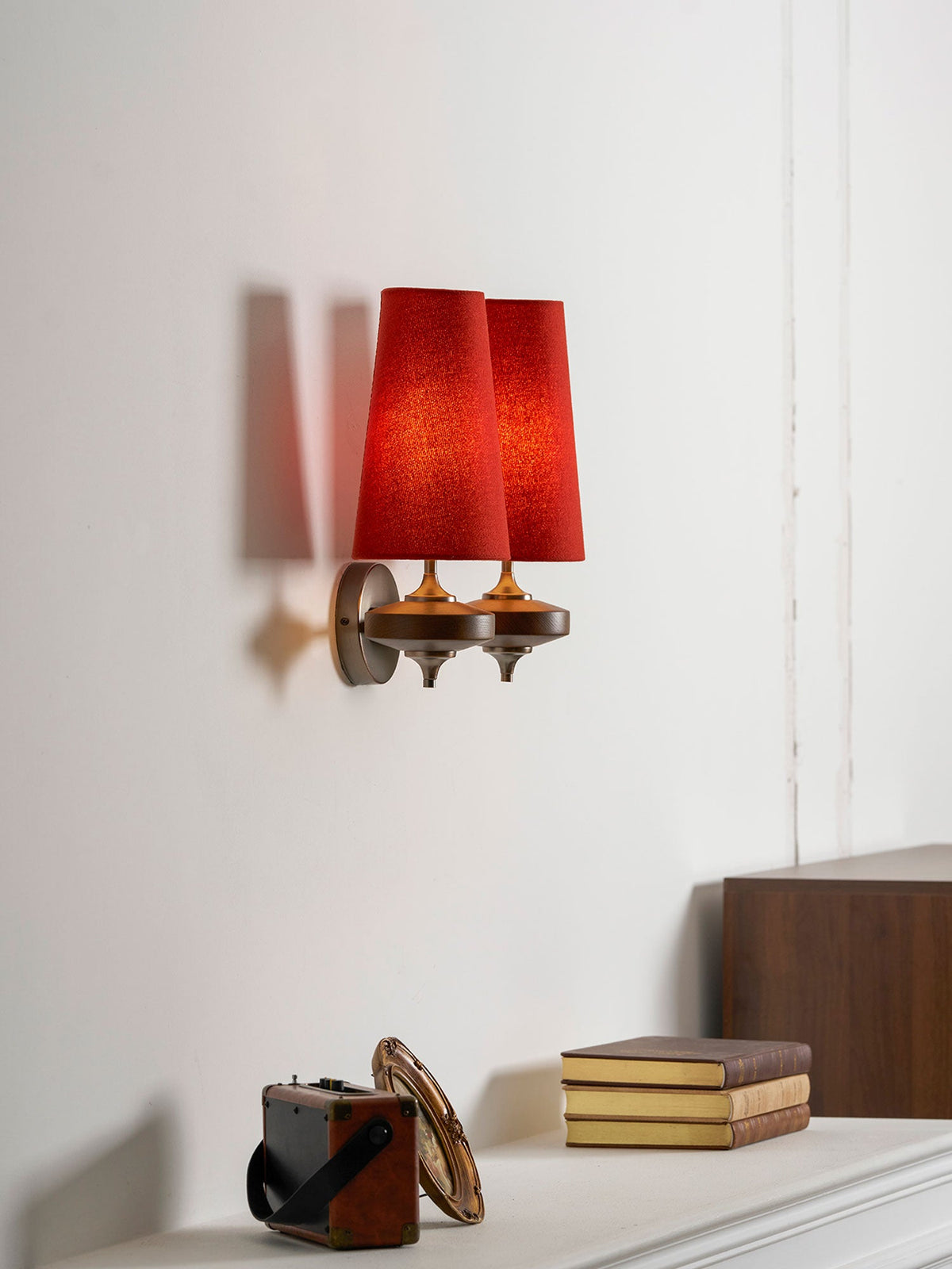 Orlan Twin Fabric Shade Wall Sconce in Walnut and Bronze