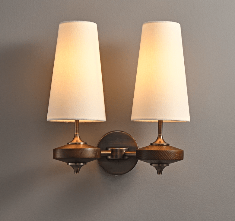 Orlan Twin Fabric Shade Wall Sconce in Walnut and Bronze