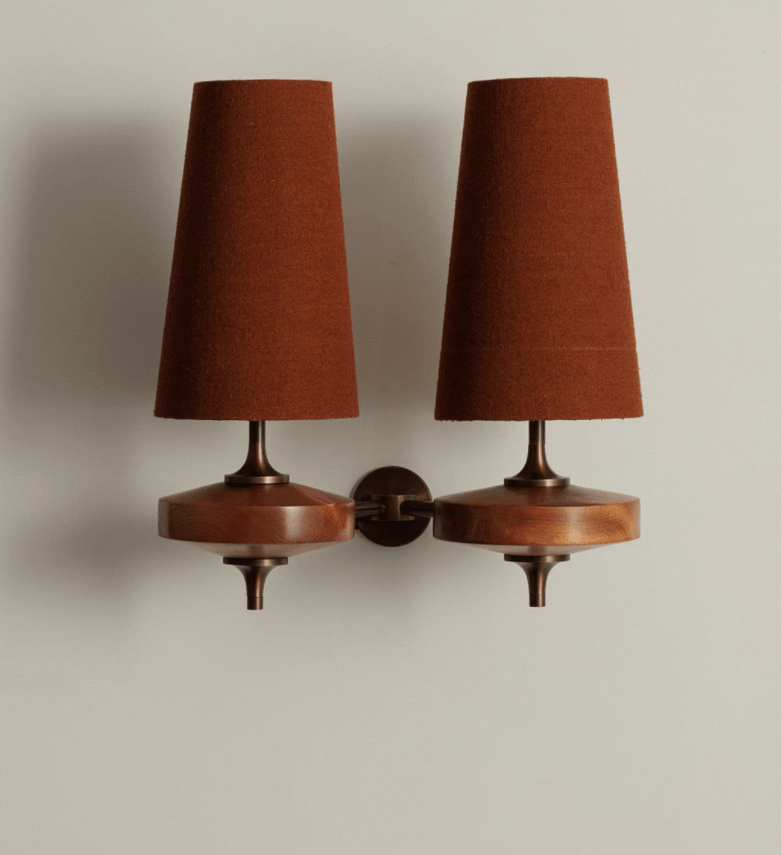 Orlan Twin Fabric Shade Wall Sconce in Walnut and Bronze