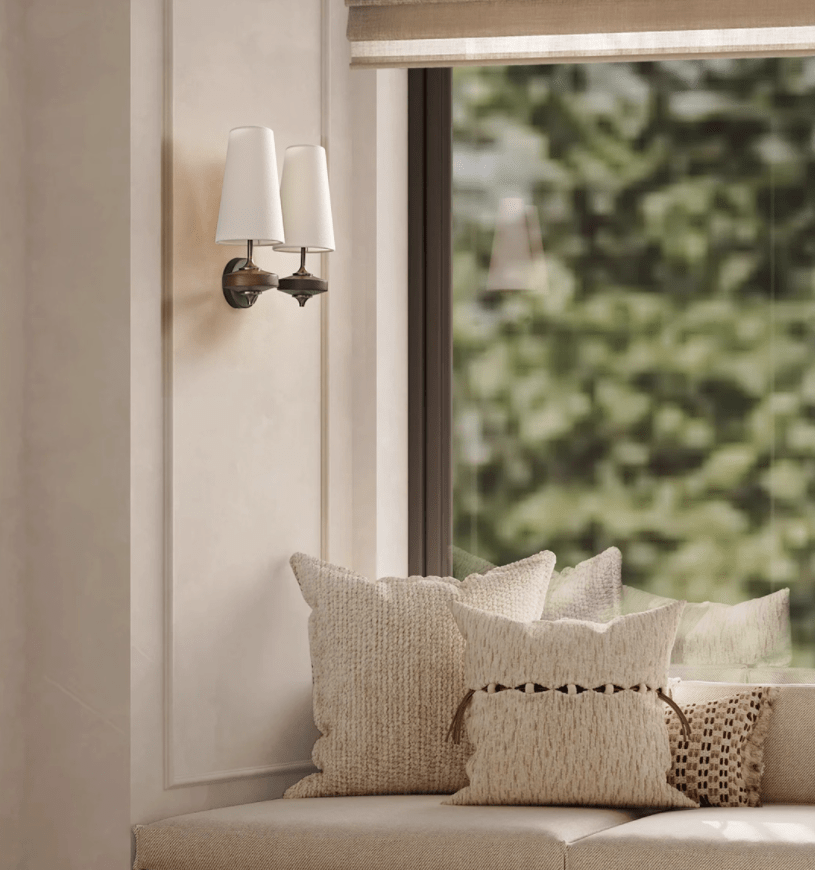 Orlan Twin Fabric Shade Wall Sconce in Walnut and Bronze