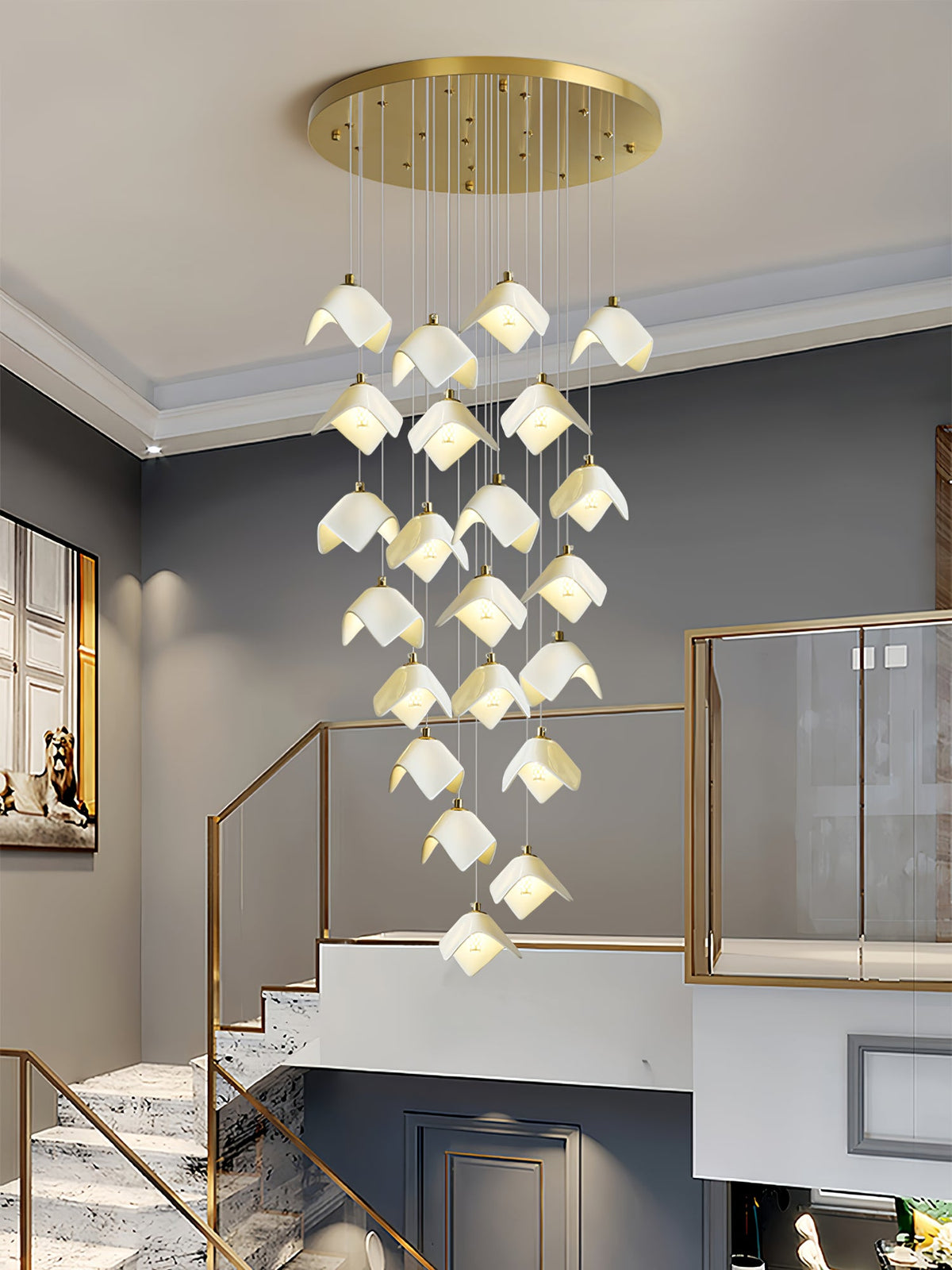 Orlani Cascade Staircase Chandelier in Gold and Ceramic