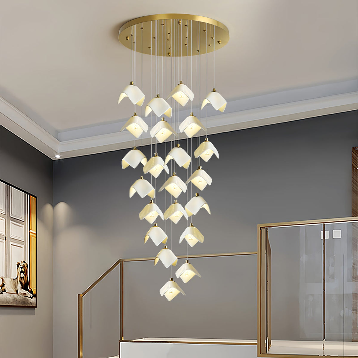 Orlani Cascade Staircase Chandelier in Gold and Ceramic
