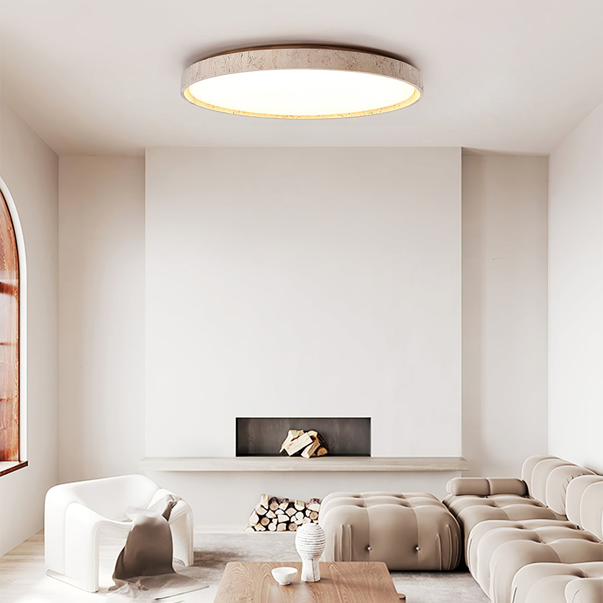 Oro Circle Travertine Flush Mount Ceiling Light