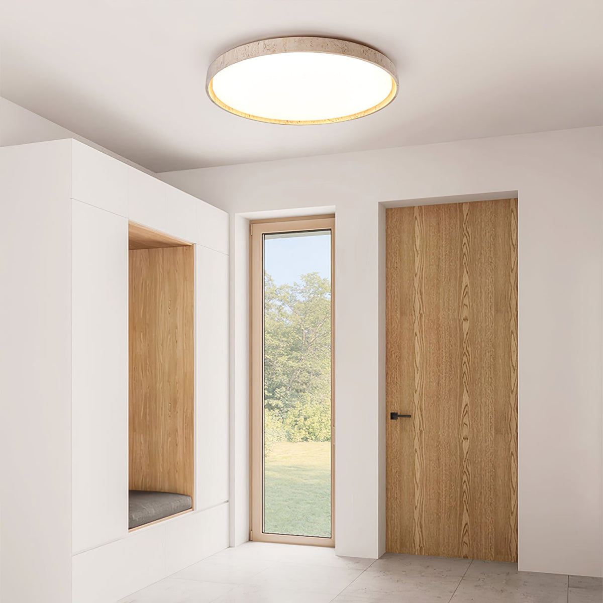Oro Circle Travertine Flush Mount Ceiling Light