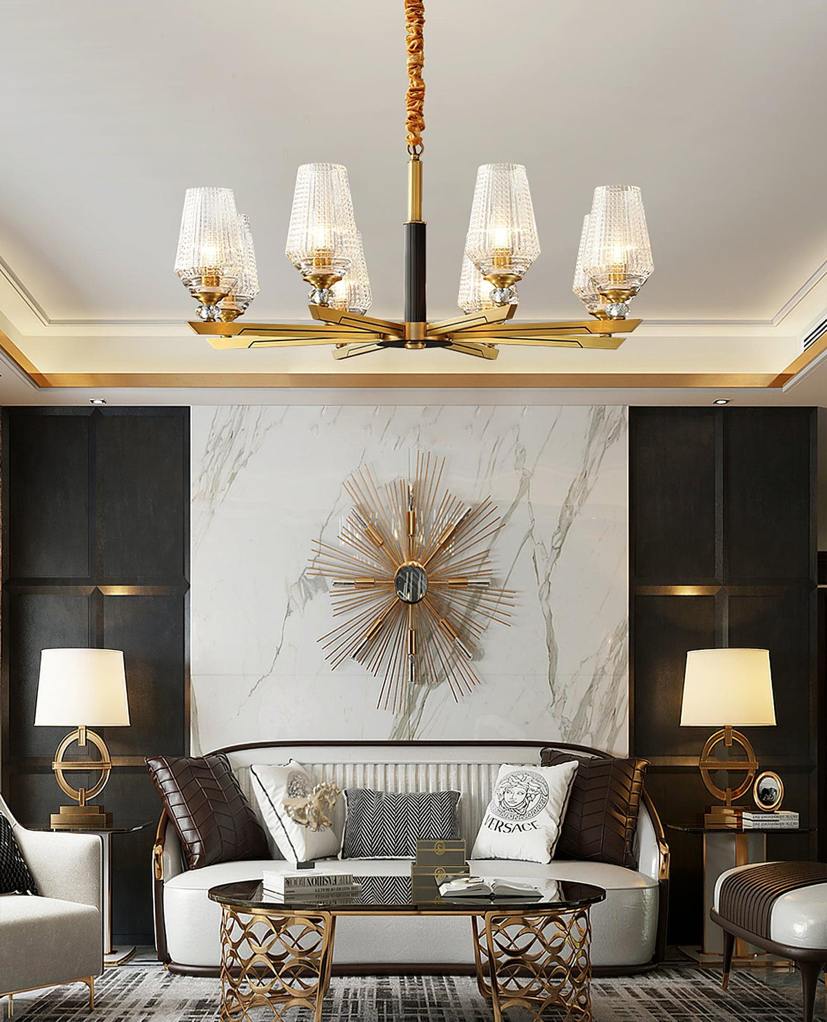 Orrefors Brass Chandelier with Faceted Glass Rings